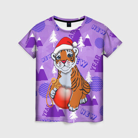 Женская футболка 3D с принтом Тигренок с елочным шариком в Новосибирске, 100% полиэфир ( синтетическое хлопкоподобное полотно) | прямой крой, круглый вырез горловины, длина до линии бедер | 2022 | newyear2022 | новый год | новыйгод2022 | символ года | тигр | тигр2022 | тигренок
