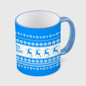 Кружка с полной запечаткой с принтом MERRY CHRISTMAS | BLUE в Новосибирске, керамика | ёмкость 330 мл | 2020 | 2021 | 2022 | christmas | merry | santa | дед мороз | кот | леденец | мяу | нг | новогодний | новый год | олени | рождество | санта клаус | свитер | узоры
