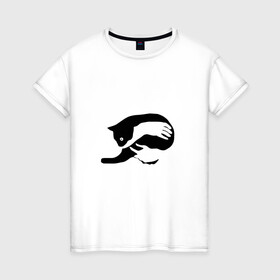 Женская футболка хлопок с принтом Обнимашки кошечка в Новосибирске, 100% хлопок | прямой крой, круглый вырез горловины, длина до линии бедер, слегка спущенное плечо | cat | девушке | животное | кошечка | кошка | обнимашка | подарок