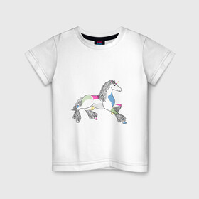 Детская футболка хлопок с принтом Разноцветный единорог на светлом в Новосибирске, 100% хлопок | круглый вырез горловины, полуприлегающий силуэт, длина до линии бедер | волшебство | единорог | животное | животные | звери | зверь | конь | лошадь | магия | сказка | фауна