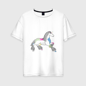 Женская футболка хлопок Oversize с принтом Разноцветный единорог на светлом в Новосибирске, 100% хлопок | свободный крой, круглый ворот, спущенный рукав, длина до линии бедер
 | Тематика изображения на принте: волшебство | единорог | животное | животные | звери | зверь | конь | лошадь | магия | сказка | фауна