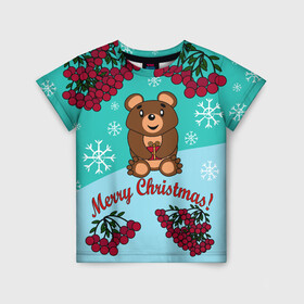 Детская футболка 3D с принтом Мишка и рождество в Новосибирске, 100% гипоаллергенный полиэфир | прямой крой, круглый вырез горловины, длина до линии бедер, чуть спущенное плечо, ткань немного тянется | 2022 | merry christmas | ветки | год тигра | детский | животные | зима | зимний | лес | медведь | мишка | мультяшный | новогодний | новый год | подарок | праздничный | рождество | рябина | снег | снегопад