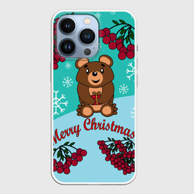 Чехол для iPhone 13 Pro с принтом Мишка и рождество в Новосибирске,  |  | 2022 | merry christmas | ветки | год тигра | детский | животные | зима | зимний | лес | медведь | мишка | мультяшный | новогодний | новый год | подарок | праздничный | рождество | рябина | снег | снегопад