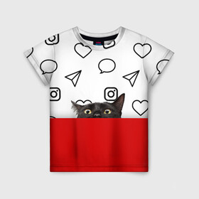 Детская футболка 3D с принтом Котограмм обыкновенный в Новосибирске, 100% гипоаллергенный полиэфир | прямой крой, круглый вырез горловины, длина до линии бедер, чуть спущенное плечо, ткань немного тянется | Тематика изображения на принте: cat | girls | heart | hearts | instagram | red | telegram | top | trend | viber | whatsapp | white | белый | вайбер | ватсап | девушкам | инстаграмм | кот | кошка | красный | сердечки | сердце | телеграмм | топ | тренд