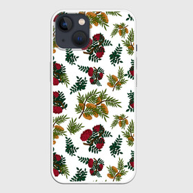 Чехол для iPhone 13 с принтом зимний паттерн ветки рябины в Новосибирске,  |  | ветки | зима | зимний паттерн | лес | листья | на белом фоне | новогодний | новый год | облепиха | праздничный | природа | рябина