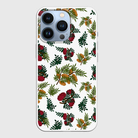 Чехол для iPhone 13 Pro с принтом зимний паттерн ветки рябины в Новосибирске,  |  | ветки | зима | зимний паттерн | лес | листья | на белом фоне | новогодний | новый год | облепиха | праздничный | природа | рябина