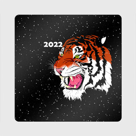 Магнит виниловый Квадрат с принтом Рычащий Тигр и Снегопад 2022 в Новосибирске, полимерный материал с магнитным слоем | размер 9*9 см, закругленные углы | 2022 | black | cat | christmas | merry | new year | snow | tiger | xmas | водяной | год тигра | животные | кот | кошки | новый год | паттерн | полосатый | рождество | снег | снежинки | тигры | узор | цветы | черный