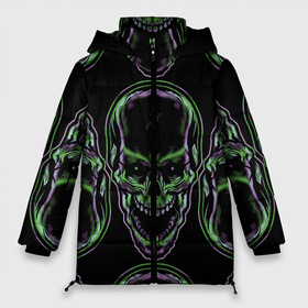 Женская зимняя куртка Oversize с принтом Skulls vanguard pattern 2077 в Новосибирске, верх — 100% полиэстер; подкладка — 100% полиэстер; утеплитель — 100% полиэстер | длина ниже бедра, силуэт Оверсайз. Есть воротник-стойка, отстегивающийся капюшон и ветрозащитная планка. 

Боковые карманы с листочкой на кнопках и внутренний карман на молнии | fashion | hype | neon | pattern | skull | vanguard | авангард | неон | узор | хайп | череп