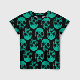 Детская футболка 3D с принтом Узор из зелёных черепков в Новосибирске, 100% гипоаллергенный полиэфир | прямой крой, круглый вырез горловины, длина до линии бедер, чуть спущенное плечо, ткань немного тянется | fashion | hype | pattern | skull | мода | узор | хайп | череп