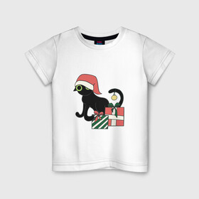 Детская футболка хлопок с принтом новогодний кот 2022 в Новосибирске, 100% хлопок | круглый вырез горловины, полуприлегающий силуэт, длина до линии бедер | дед мороз | ёлки | кот | котик | котэ | новый год | снегурка | черный кот