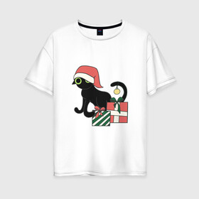 Женская футболка хлопок Oversize с принтом новогодний кот 2022 в Новосибирске, 100% хлопок | свободный крой, круглый ворот, спущенный рукав, длина до линии бедер
 | дед мороз | ёлки | кот | котик | котэ | новый год | снегурка | черный кот