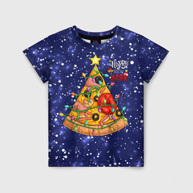 Детская футболка 3D с принтом Новогодняя Елка Пицца в Новосибирске, 100% гипоаллергенный полиэфир | прямой крой, круглый вырез горловины, длина до линии бедер, чуть спущенное плечо, ткань немного тянется | christmas | pizza | гирлянда | елка | ель | звезда | новый год | пицца | рождество