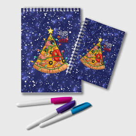 Блокнот с принтом Новогодняя Елка Пицца в Новосибирске, 100% бумага | 48 листов, плотность листов — 60 г/м2, плотность картонной обложки — 250 г/м2. Листы скреплены удобной пружинной спиралью. Цвет линий — светло-серый
 | Тематика изображения на принте: christmas | pizza | гирлянда | елка | ель | звезда | новый год | пицца | рождество