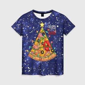 Женская футболка 3D с принтом Новогодняя Елка Пицца в Новосибирске, 100% полиэфир ( синтетическое хлопкоподобное полотно) | прямой крой, круглый вырез горловины, длина до линии бедер | christmas | pizza | гирлянда | елка | ель | звезда | новый год | пицца | рождество
