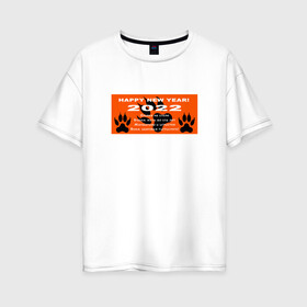 Женская футболка хлопок Oversize с принтом 2022-Поздравление с годом тигра в Новосибирске, 100% хлопок | свободный крой, круглый ворот, спущенный рукав, длина до линии бедер
 | happy new year | orange | новый год | поздравление | следы | тигр