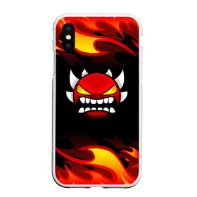 Чехол для iPhone XS Max матовый с принтом Geometry Dash Fire в Новосибирске, Силикон | Область печати: задняя сторона чехла, без боковых панелей | Тематика изображения на принте: 2d | arcade | demon | game | geometry dash | levels | meltdown | robtop | smile | аркада | геометрический тире | демон | раннер | смайлы | уровни | эмоции