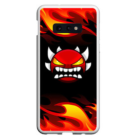 Чехол для Samsung S10E с принтом Geometry Dash Fire в Новосибирске, Силикон | Область печати: задняя сторона чехла, без боковых панелей | Тематика изображения на принте: 2d | arcade | demon | game | geometry dash | levels | meltdown | robtop | smile | аркада | геометрический тире | демон | раннер | смайлы | уровни | эмоции