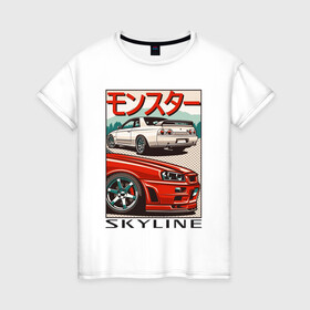 Женская футболка хлопок с принтом Nissan Skyline Ниссан Скайлайн в Новосибирске, 100% хлопок | прямой крой, круглый вырез горловины, длина до линии бедер, слегка спущенное плечо | auto | car | japan | nissan | racing | retro | авто | гонки | машины | ниссан | ретро | скайлайн | тачки | япония