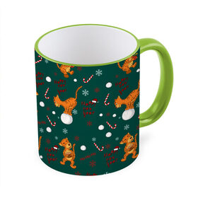 Кружка с полной запечаткой с принтом тигр и рождество в Новосибирске, керамика | ёмкость 330 мл | happy new year | merry christmas | год тигра | животные | звери | зеленый | зима | зимний принт | иллюстрация | кошка | красный | леденец | новогодний | оранжевый | подарок | полосатый | рождество | снег | снегопад