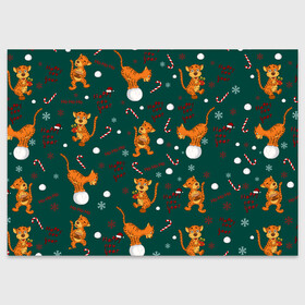 Поздравительная открытка с принтом тигр и рождество в Новосибирске, 100% бумага | плотность бумаги 280 г/м2, матовая, на обратной стороне линовка и место для марки
 | happy new year | merry christmas | год тигра | животные | звери | зеленый | зима | зимний принт | иллюстрация | кошка | красный | леденец | новогодний | оранжевый | подарок | полосатый | рождество | снег | снегопад