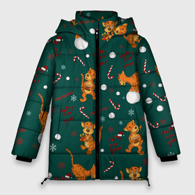 Женская зимняя куртка Oversize с принтом тигр и рождество в Новосибирске, верх — 100% полиэстер; подкладка — 100% полиэстер; утеплитель — 100% полиэстер | длина ниже бедра, силуэт Оверсайз. Есть воротник-стойка, отстегивающийся капюшон и ветрозащитная планка. 

Боковые карманы с листочкой на кнопках и внутренний карман на молнии | happy new year | merry christmas | год тигра | животные | звери | зеленый | зима | зимний принт | иллюстрация | кошка | красный | леденец | новогодний | оранжевый | подарок | полосатый | рождество | снег | снегопад