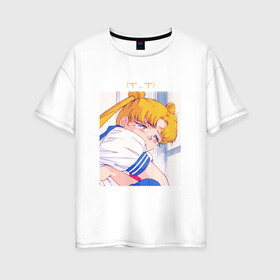 Женская футболка хлопок Oversize с принтом Sad Usagi | Sailor Moon в Новосибирске, 100% хлопок | свободный крой, круглый ворот, спущенный рукав, длина до линии бедер
 | sailor moon | usagi tsukino | сейлор мун | усаги | усаги цукино