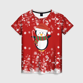 Женская футболка 3D с принтом Пингвин в новогодней шапочке в Новосибирске, 100% полиэфир ( синтетическое хлопкоподобное полотно) | прямой крой, круглый вырез горловины, длина до линии бедер | 2021 | 2022 | happy new year 2022 | новогодний пингвин | новый год | новый год 2022 | пингвин | праздник | снежинки | снежный пингвин