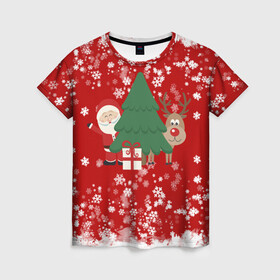 Женская футболка 3D с принтом Новогоднее настроение Santa в Новосибирске, 100% полиэфир ( синтетическое хлопкоподобное полотно) | прямой крой, круглый вырез горловины, длина до линии бедер | 2021 | 2022 | happy new year 2022 | дед мороз | дед мороз и олень | елка | новый год | новый год 2022 | олень | праздник | санта