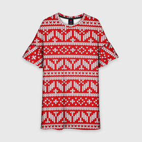 Детское платье 3D с принтом Узор связанный крючком в Новосибирске, 100% полиэстер | прямой силуэт, чуть расширенный к низу. Круглая горловина, на рукавах — воланы | белый узор | вязанный | геометрия | красный узор | кружево | крючком | узор | шерсть