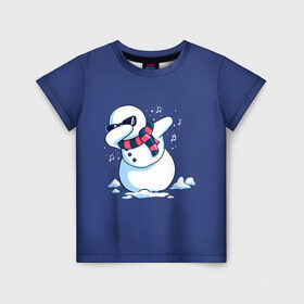 Детская футболка 3D с принтом Dab Snowman in a scarf в Новосибирске, 100% гипоаллергенный полиэфир | прямой крой, круглый вырез горловины, длина до линии бедер, чуть спущенное плечо, ткань немного тянется | 2022 | 22 | christmas | dab | dub | new | notes | scarf | snow | snowman | snowy | woman | year | баба | год | даб | новый | ноты | очки | рождество | снег | снеговик | снежная | шарф