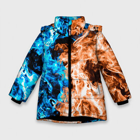 Зимняя куртка для девочек 3D с принтом Огненное пламя в Новосибирске, ткань верха — 100% полиэстер; подклад — 100% полиэстер, утеплитель — 100% полиэстер. | длина ниже бедра, удлиненная спинка, воротник стойка и отстегивающийся капюшон. Есть боковые карманы с листочкой на кнопках, утяжки по низу изделия и внутренний карман на молнии. 

Предусмотрены светоотражающий принт на спинке, радужный светоотражающий элемент на пуллере молнии и на резинке для утяжки. | Тематика изображения на принте: blue fire | blue flame | fire | fire and ice | fire and water | flame | neon | в огне | горящий | инь ян | инь янь | искры | неон | неоновый огонь | огненный | огонь | огонь и вода | огонь и лед | пламя | пожар | противостояние
