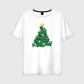 Женская футболка хлопок Oversize с принтом Christmas Tree Made Of Green Cats в Новосибирске, 100% хлопок | свободный крой, круглый ворот, спущенный рукав, длина до линии бедер
 | Тематика изображения на принте: cat | cats | christmas | decotarions | green | kittens | made | new | of | star | toys | tree | year | год | ёлка | звезда | игрушки | кот | коты | котята | кошки | новый | рождество