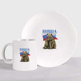 Набор: тарелка + кружка с принтом Символика России и медведь в Новосибирске, керамика | Кружка: объем — 330 мл, диаметр — 80 мм. Принт наносится на бока кружки, можно сделать два разных изображения. 
Тарелка: диаметр - 210 мм, диаметр для нанесения принта - 120 мм. | bear | courage | fearlessness | flag | force | muzzle | paws | power | russia | бесстрашие | лапы | медведь | мощь | мужество | отвага | россия | сила | флаг