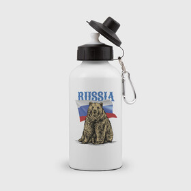 Бутылка спортивная с принтом Символика России и медведь в Новосибирске, металл | емкость — 500 мл, в комплекте две пластиковые крышки и карабин для крепления | Тематика изображения на принте: bear | courage | fearlessness | flag | force | muzzle | paws | power | russia | бесстрашие | лапы | медведь | мощь | мужество | отвага | россия | сила | флаг