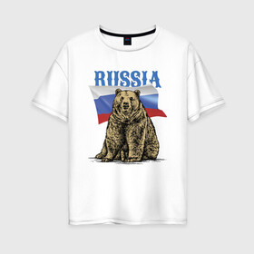 Женская футболка хлопок Oversize с принтом Символика России и медведь в Новосибирске, 100% хлопок | свободный крой, круглый ворот, спущенный рукав, длина до линии бедер
 | bear | courage | fearlessness | flag | force | muzzle | paws | power | russia | бесстрашие | лапы | медведь | мощь | мужество | отвага | россия | сила | флаг