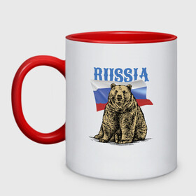 Кружка двухцветная с принтом Символика России и медведь в Новосибирске, керамика | объем — 330 мл, диаметр — 80 мм. Цветная ручка и кайма сверху, в некоторых цветах — вся внутренняя часть | Тематика изображения на принте: bear | courage | fearlessness | flag | force | muzzle | paws | power | russia | бесстрашие | лапы | медведь | мощь | мужество | отвага | россия | сила | флаг