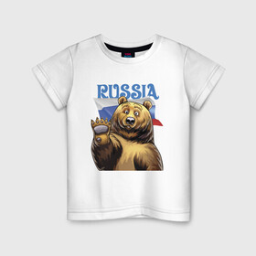 Детская футболка хлопок с принтом Прикольный русский медвежара в Новосибирске, 100% хлопок | круглый вырез горловины, полуприлегающий силуэт, длина до линии бедер | Тематика изображения на принте: bear | courage | fearlessness | flag | force | muzzle | paws | power | russia | бесстрашие | лапы | медведь | мощь | мужество | отвага | россия | сила | флаг