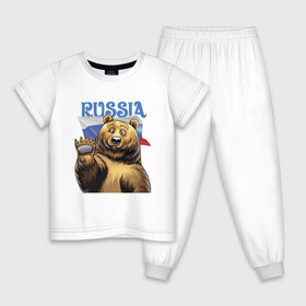 Детская пижама хлопок с принтом Прикольный русский медвежара в Новосибирске, 100% хлопок |  брюки и футболка прямого кроя, без карманов, на брюках мягкая резинка на поясе и по низу штанин
 | Тематика изображения на принте: bear | courage | fearlessness | flag | force | muzzle | paws | power | russia | бесстрашие | лапы | медведь | мощь | мужество | отвага | россия | сила | флаг