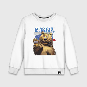 Детский свитшот хлопок с принтом Прикольный русский медвежара в Новосибирске, 100% хлопок | круглый вырез горловины, эластичные манжеты, пояс и воротник | bear | courage | fearlessness | flag | force | muzzle | paws | power | russia | бесстрашие | лапы | медведь | мощь | мужество | отвага | россия | сила | флаг