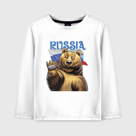 Детский лонгслив хлопок с принтом Прикольный русский медвежара в Новосибирске, 100% хлопок | круглый вырез горловины, полуприлегающий силуэт, длина до линии бедер | bear | courage | fearlessness | flag | force | muzzle | paws | power | russia | бесстрашие | лапы | медведь | мощь | мужество | отвага | россия | сила | флаг