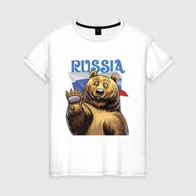 Женская футболка хлопок с принтом Прикольный русский медвежара в Новосибирске, 100% хлопок | прямой крой, круглый вырез горловины, длина до линии бедер, слегка спущенное плечо | bear | courage | fearlessness | flag | force | muzzle | paws | power | russia | бесстрашие | лапы | медведь | мощь | мужество | отвага | россия | сила | флаг