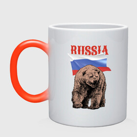 Кружка хамелеон с принтом Русский свирепый медведь в Новосибирске, керамика | меняет цвет при нагревании, емкость 330 мл | bear | courage | fearlessness | flag | force | muzzle | paws | power | russia | бесстрашие | лапы | медведь | мощь | мужество | отвага | россия | сила | флаг