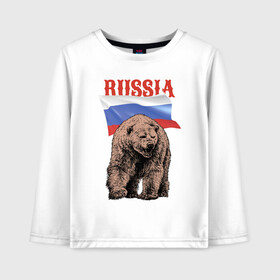 Детский лонгслив хлопок с принтом Русский свирепый медведь в Новосибирске, 100% хлопок | круглый вырез горловины, полуприлегающий силуэт, длина до линии бедер | bear | courage | fearlessness | flag | force | muzzle | paws | power | russia | бесстрашие | лапы | медведь | мощь | мужество | отвага | россия | сила | флаг