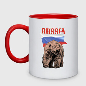 Кружка двухцветная с принтом Русский свирепый медведь в Новосибирске, керамика | объем — 330 мл, диаметр — 80 мм. Цветная ручка и кайма сверху, в некоторых цветах — вся внутренняя часть | Тематика изображения на принте: bear | courage | fearlessness | flag | force | muzzle | paws | power | russia | бесстрашие | лапы | медведь | мощь | мужество | отвага | россия | сила | флаг