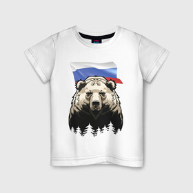Детская футболка хлопок с принтом Русский спокойный хозяин леса в Новосибирске, 100% хлопок | круглый вырез горловины, полуприлегающий силуэт, длина до линии бедер | bear | courage | fearlessness | flag | force | forest | muzzle | paws | power | russia | бесстрашие | лапы | лес | медведь | мощь | мужество | отвага | россия | сила | флаг