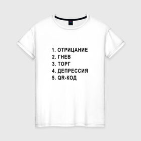 Женская футболка хлопок с принтом 5 СТАДИЙ QR КОД в Новосибирске, 100% хлопок | прямой крой, круглый вырез горловины, длина до линии бедер, слегка спущенное плечо | 5 стадий | mem | mems | qr code | qr код | qrcode | qrкод | quick response code | гнев | депрессия | куар | куар код | кью ар код | матричных штриховых кодов | мем | отрицание | прикол | принятие | штриховых кодов | шутка