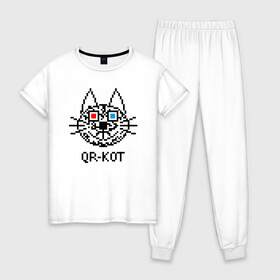 Женская пижама хлопок с принтом QR кот в стерео очках в Новосибирске, 100% хлопок | брюки и футболка прямого кроя, без карманов, на брюках мягкая резинка на поясе и по низу штанин | 3d | head | kitten | kote | pixels | qr cat | qr code | qr код | qr кот | watching a movie | голова | котенок | котэ | кошка | пиксели | смотрит кино | стерео очки