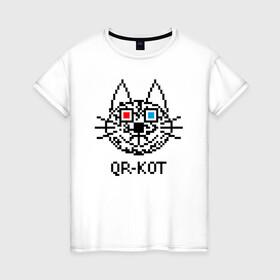 Женская футболка хлопок с принтом QR кот в стерео очках. в Новосибирске, 100% хлопок | прямой крой, круглый вырез горловины, длина до линии бедер, слегка спущенное плечо | 3d | head | kitten | kote | pixels | qr cat | qr code | qr код | qr кот | watching a movie | голова | котенок | котэ | кошка | пиксели | смотрит кино | стерео очки