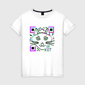 Женская футболка хлопок с принтом QR-Кот 3D в Новосибирске, 100% хлопок | прямой крой, круглый вырез горловины, длина до линии бедер, слегка спущенное плечо | 3d | 3д | qr код | qr кот | ковид | кот | кошка | кьюар код | кьюард кот | мемы qr | мемы кот | прикол