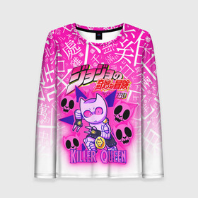 Женский лонгслив 3D с принтом JOJO   KILLER QUEEN   КОРОЛЕВА УБИЙЦА   GRADIENT в Новосибирске, 100% полиэстер | длинные рукава, круглый вырез горловины, полуприлегающий силуэт | adventure | jojo | jojos bizarre | jojos bizarre adventure | killer queen | pattern | yare yare daze | аниме | брызги | джоджо | манга | узор | яре яре дазе